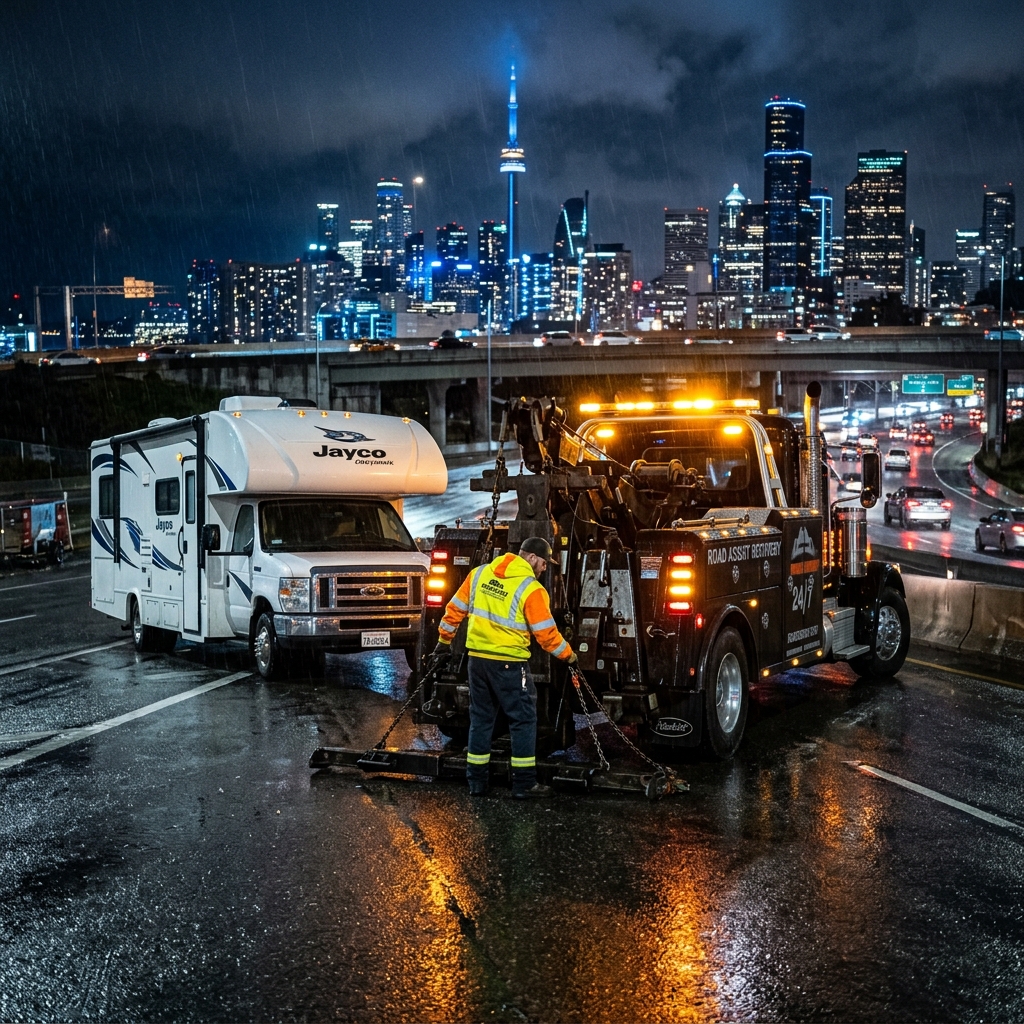 Heavy-duty tow truck recovering an RV